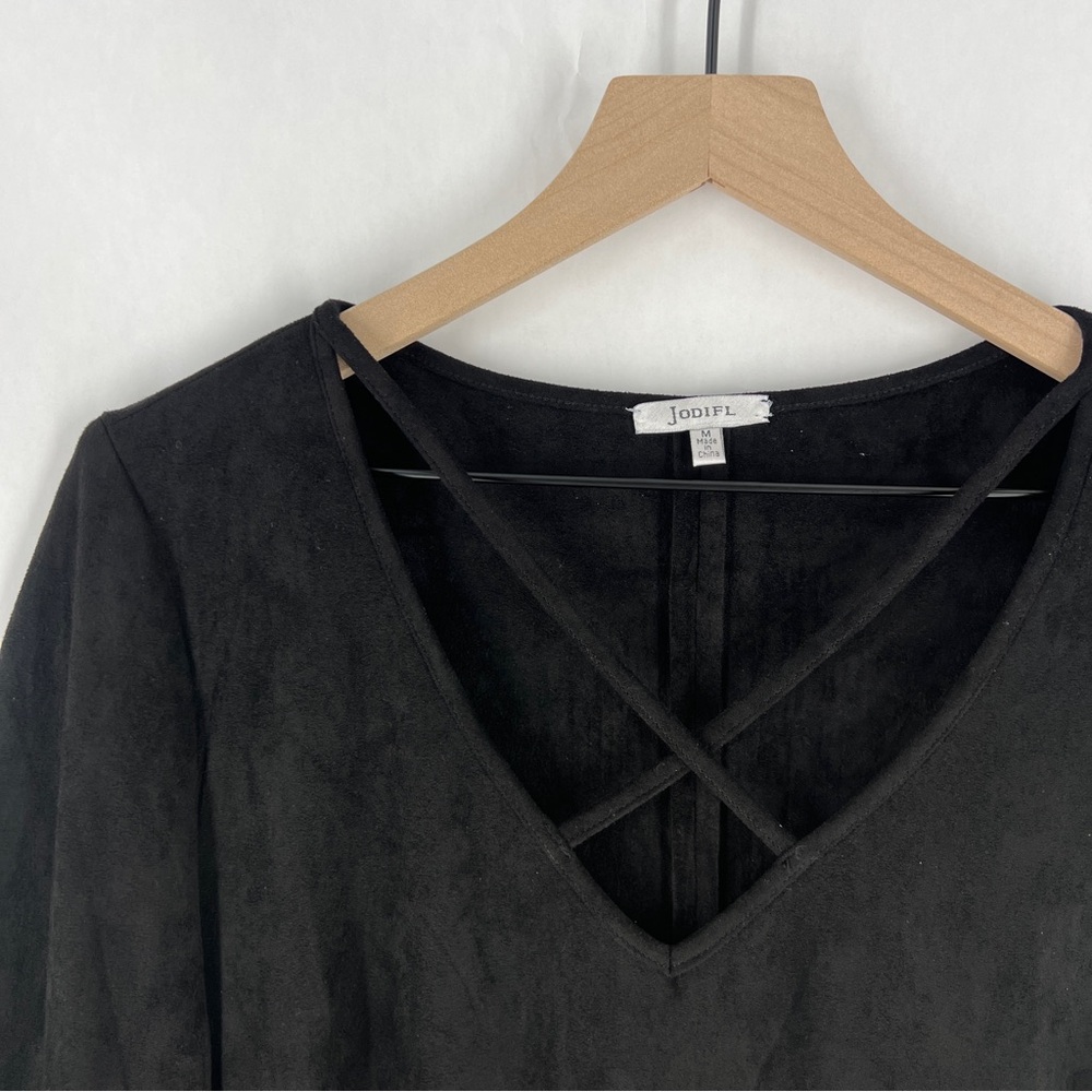 JODIFL Black Faux Suede Crisscross V-Neck Lace‎ Trim Flare Sleeve Dress M - Picture 3 of 12